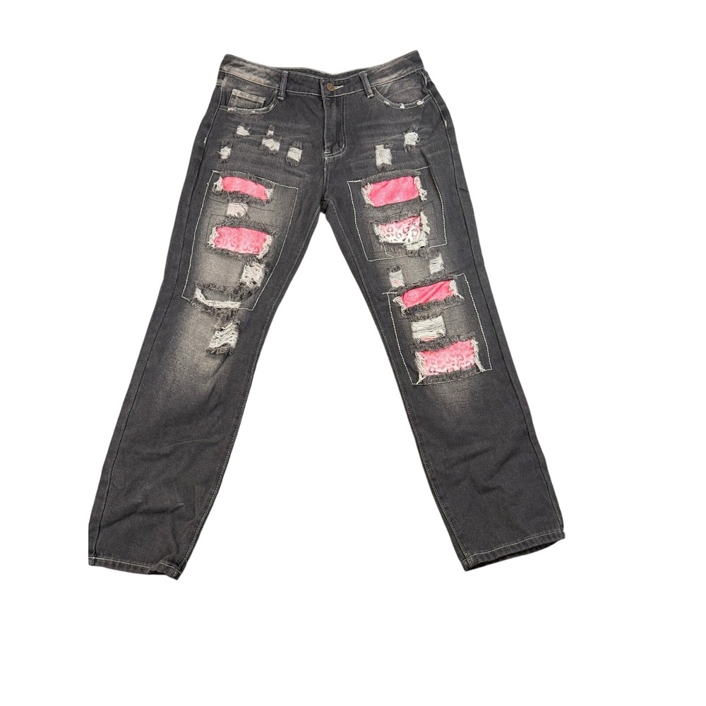 Womens Distressed Patchwork Jeans Dark Wash Rhinestone Accents Size L